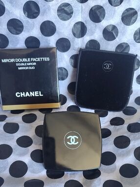 CHANEL Black Double-Sided Compact Mirror with Velvet Pouch